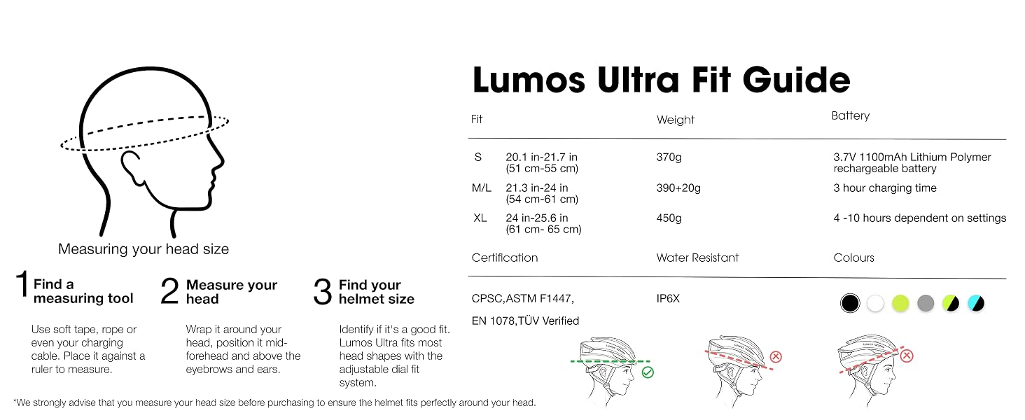 Lumos Ultra Smart Bike Helmet fit guide and head measurement instructions